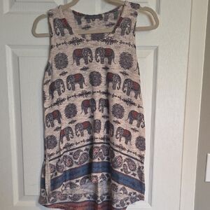 Suzy Shier Cream Tank Top with Blue and Rust Elephant Print
